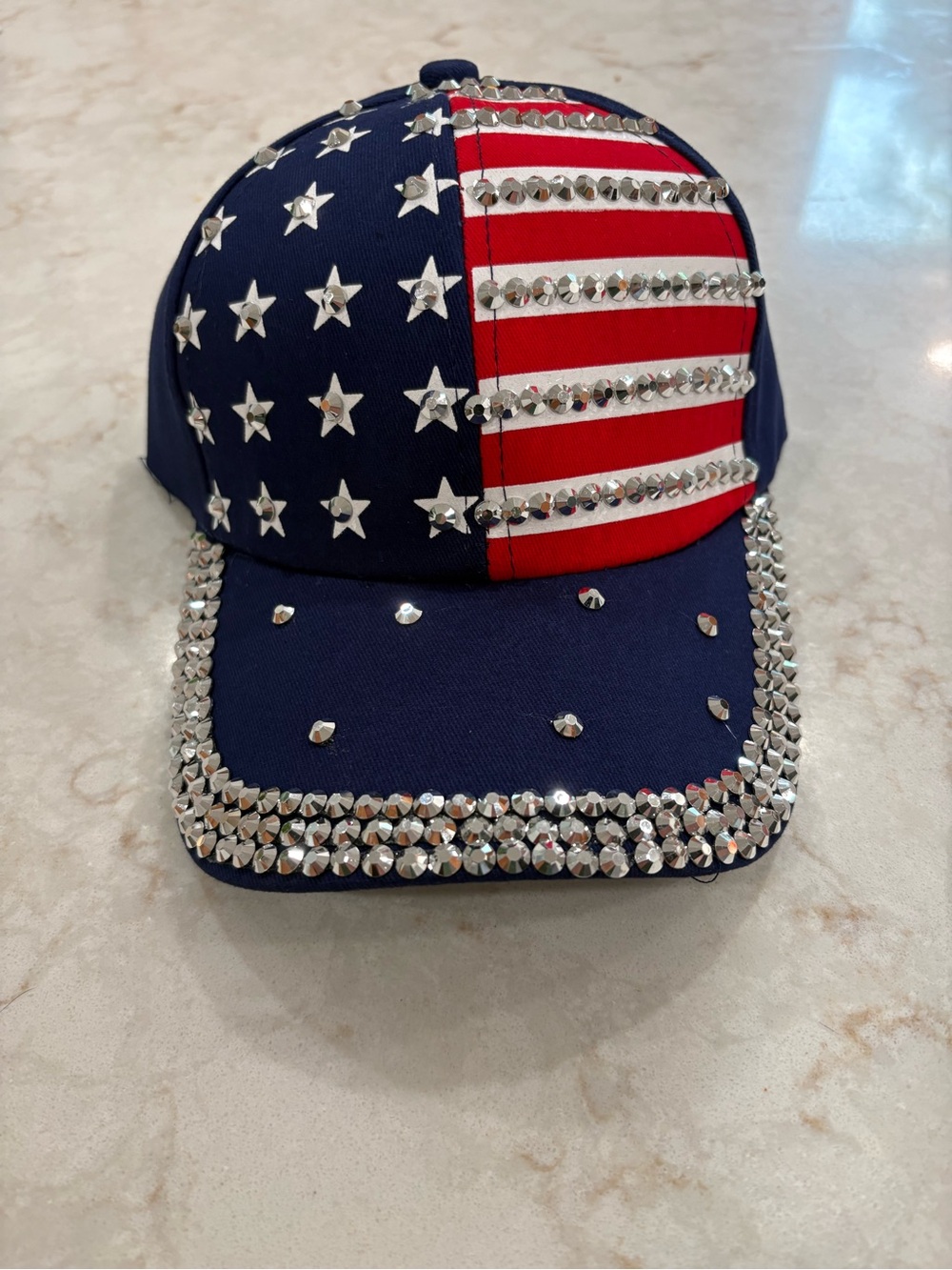 Rhinestone American Flag Baseball Cap - Navy & Red
